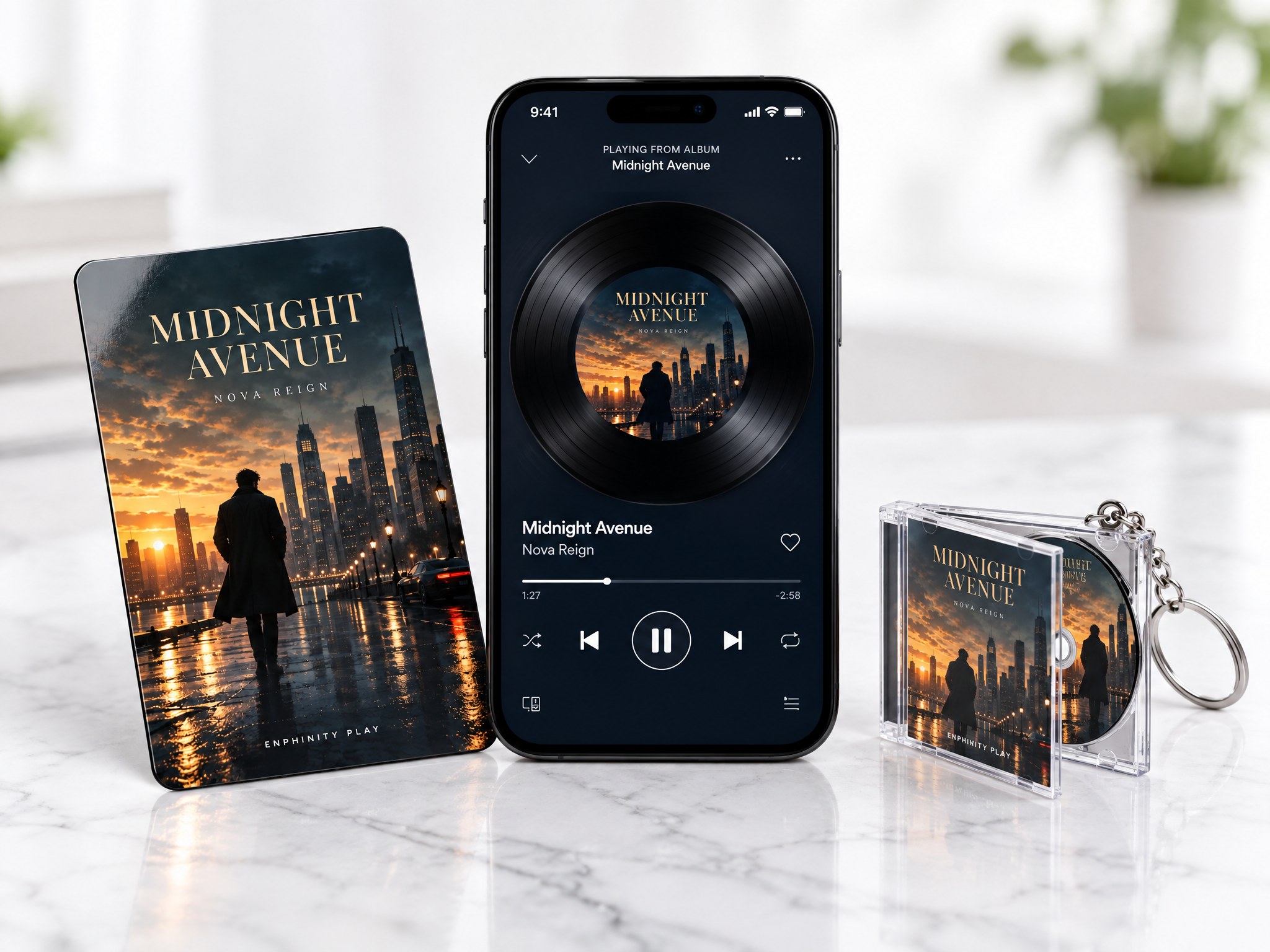 A smartphone playing the sample album Midnight Avenue, next to a matching NFC music card and a mini CD keychain