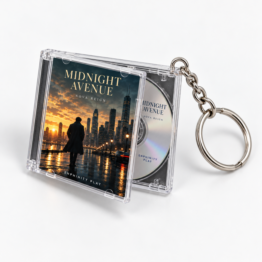 Sample transparent mini CD jewel case keychain opened to show a tiny disc and album artwork