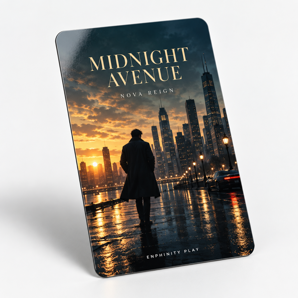 Sample NFC music card with Midnight Avenue album artwork by the fictional artist Nova Reign